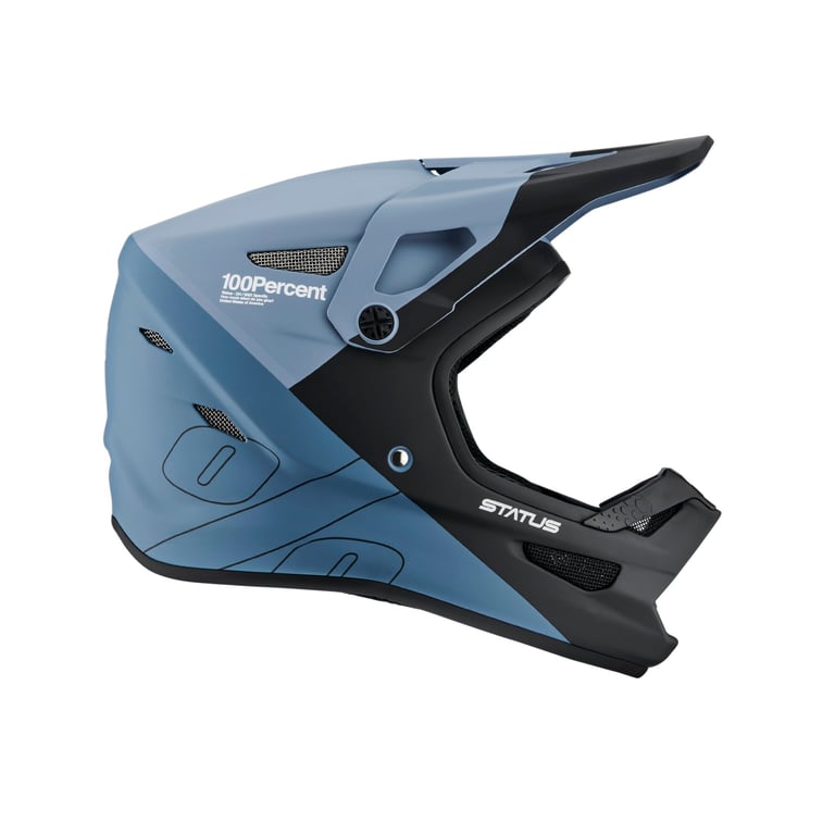 100 Percent Status full-face MTB helmet in matte blue and black with mesh vents and visor, side profile.