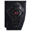 Close-up of black Burton Total Impact Shorts featuring an articulated G-Form protective hip pad with a red logo.