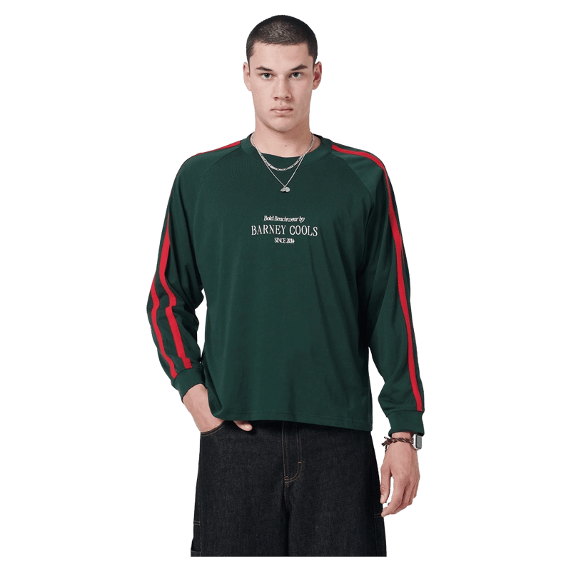 Front view of Barney Cools BB14 LS Tee in  colour Forest.