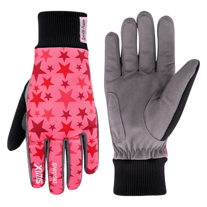 Front and back view of the Swix Star Jessie Diggins Insulated Gloves in Pink