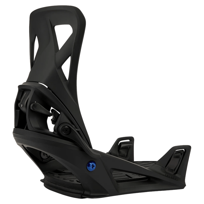 Matte black Burton Step On Re:Flex snowboard binding with cutout highback and blue hardware detail.