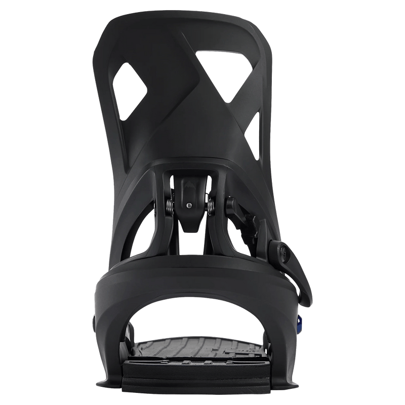 Rear view of matte black Burton Step On Re:Flex snowboard binding with a cutout highback and heel release lever.
