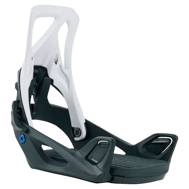 Burton Step On Re:Flex snowboard binding in dark grey and white featuring a strapless design and cutout highback.