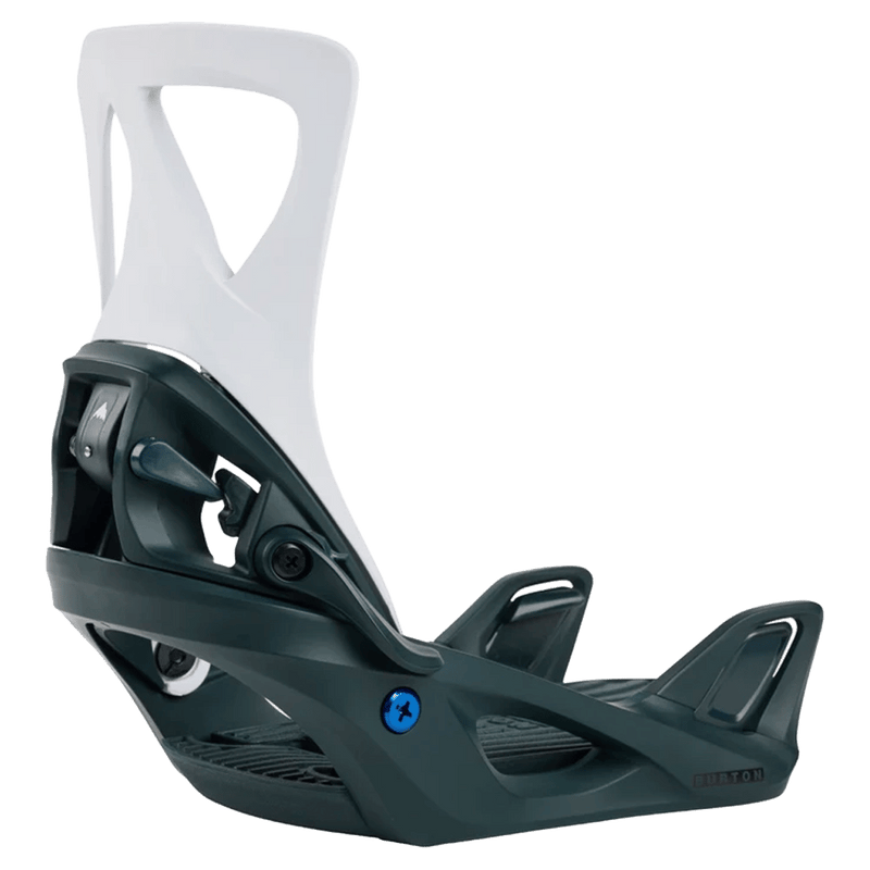 Burton Step On Re:Flex snowboard binding in dark green and white, side profile view.