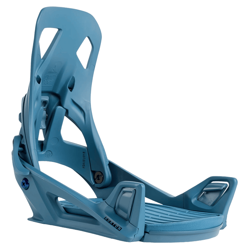 Side view of a blue 2026 Burton Step On Re:Flex snowboard binding with a strapless design and highback.