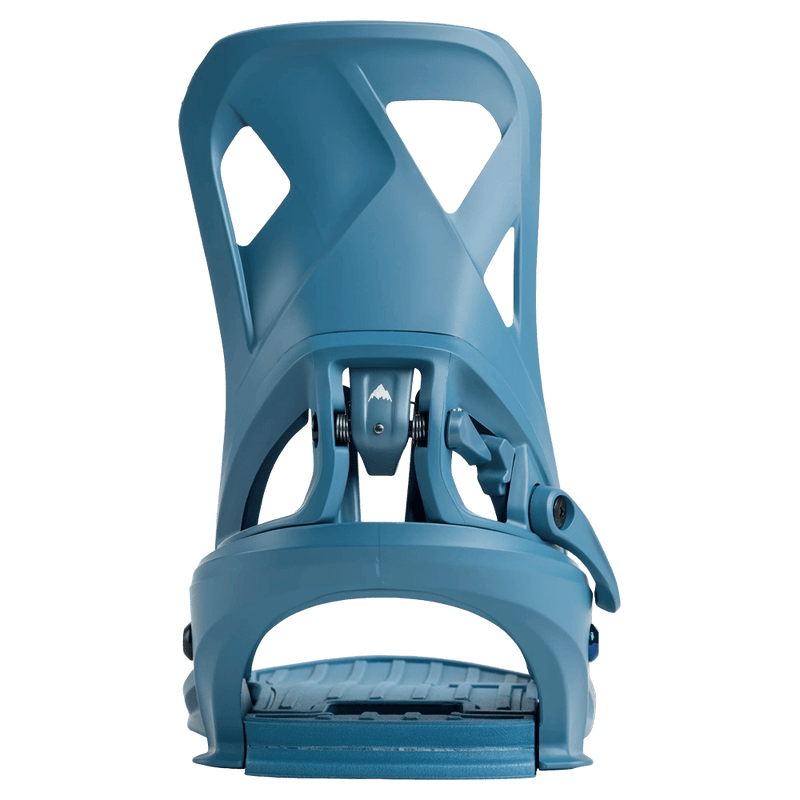 Rear view of a blue Burton Step On Re:Flex snowboard binding featuring a cutout highback and heel release lever.