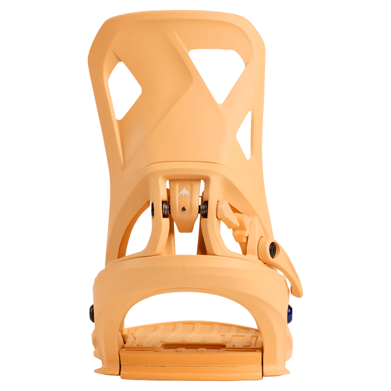 Rear view of a peach Burton Step On Re:Flex snowboard binding featuring a cutout highback and side release lever.