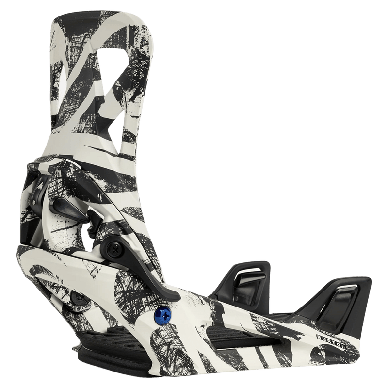 Burton Step On Re:Flex snowboard binding featuring a black and white abstract graphic pattern and strapless design.