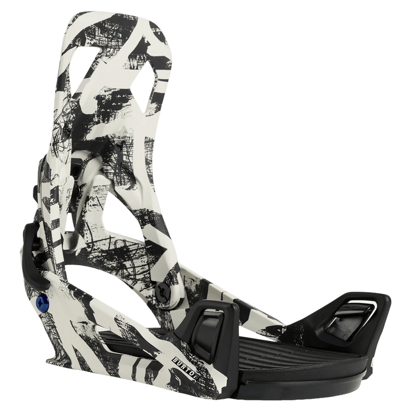 Burton Step On Re:Flex snowboard binding in a black and white abstract print with a strapless step-in design.