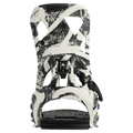 Burton Step On Re:Flex snowboard binding in white and black abstract print, rear view showing highback and heel cup.