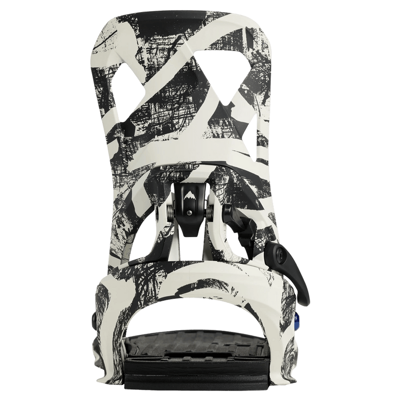 Burton Step On Re:Flex snowboard binding in white and black abstract print, rear view showing highback and heel cup.