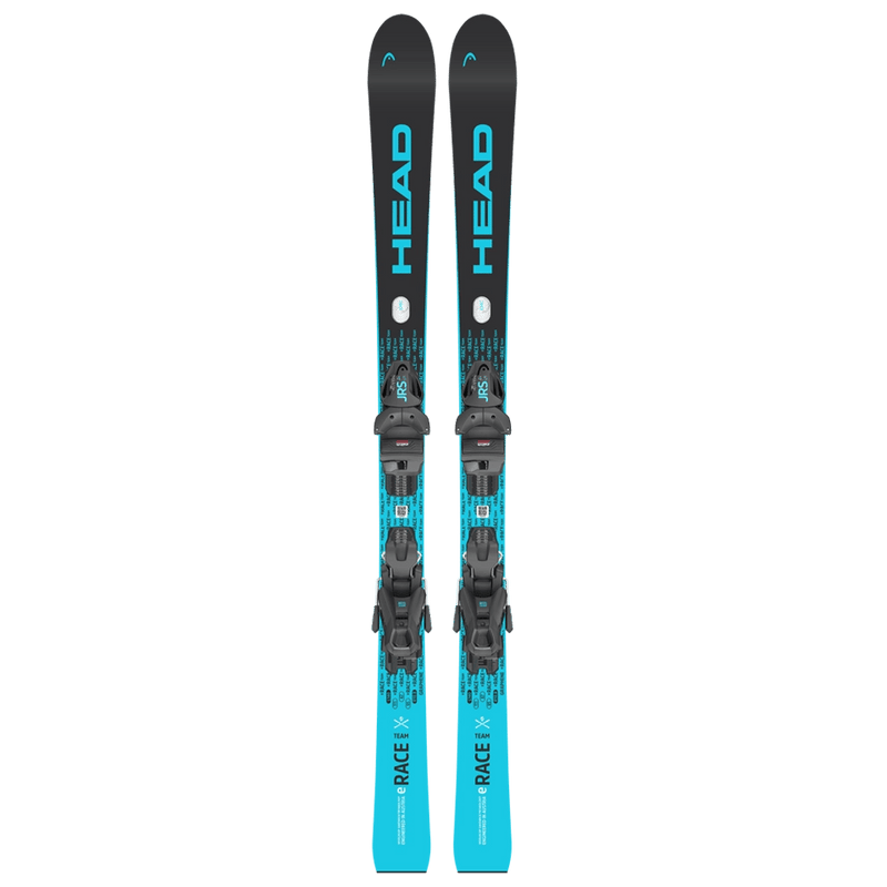 Head WC e-Race Team kids skis in black and cyan blue with pre-mounted bindings and vertical Head branding.