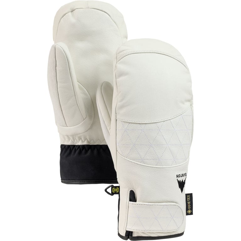 Off-white leather Burton Gondy Gore-Tex mittens for women with quilted back panels and black cuffs.