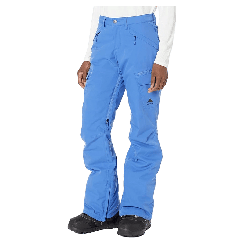 Bright blue Burton Gloria Stretch Insulated women's snowboard pants with cargo pockets and a slim fit.