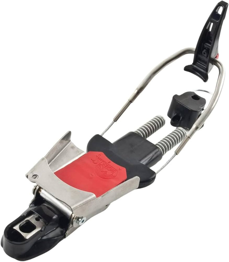 A single 22 Designs Axl Telemark Binding with red base plate, dual springs, and stainless steel frame, angled view.
