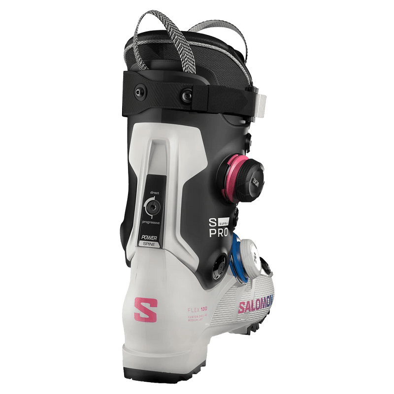 Salomon S/Pro Supra Dual Boa 130 ski boot in white and black with pink and blue BOA dials, rear view.