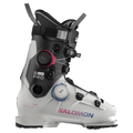 Salomon S/Pro Supra Dual Boa 130 ski boot in white and black with red and blue BOA dials and side profile view.