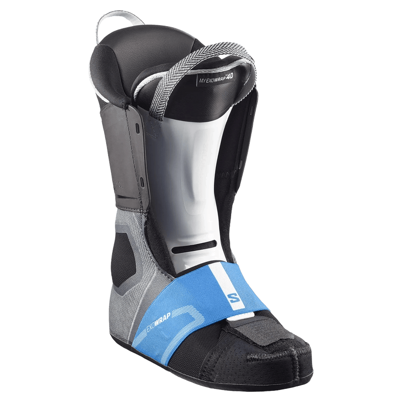 Salomon S/Pro Supra Dual Boa 130 ski boot liner in black and grey with a blue Exowrap strap and white tongue.