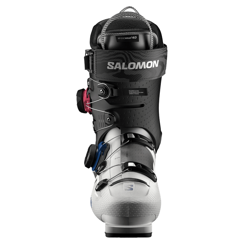 Salomon S/Pro Supra Dual Boa 130 ski boot with black cuff, white lower shell, and dual BOA dials, front view.