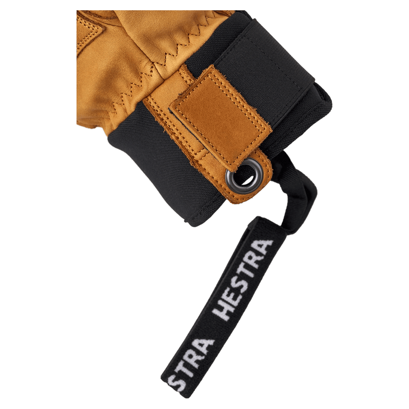 Leather Hestra Fall Line Mitt cuff with black neoprene, velcro closure, metal eyelet, and branded wrist strap in colour Cork.