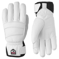 White Hestra Leather Fall Line 5 Finger Womens Gloves with padded knuckles and wrist straps, front and back views.