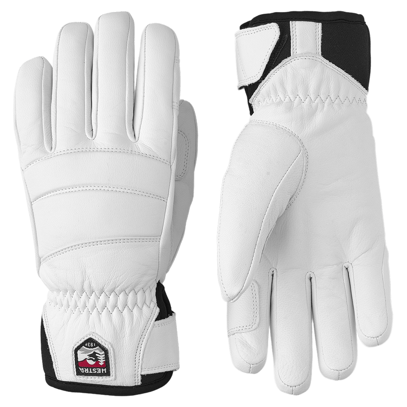 White Hestra Leather Fall Line 5 Finger Womens Gloves with padded knuckles and wrist straps, front and back views.