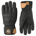 Hestra Leather Fall Line 5 Finger Womens Gloves in black wrist straps and padded leather construction.