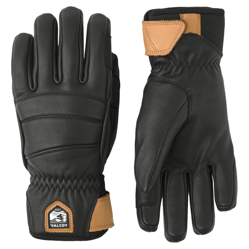 Hestra Leather Fall Line 5 Finger Womens Gloves in black wrist straps and padded leather construction.