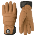Hestra Leather Fall Line 5 Finger womens gloves in cork with black cuffs, showing the palm and padded back.