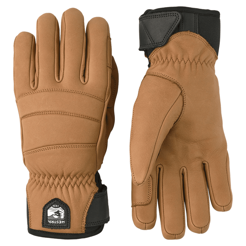 Hestra Leather Fall Line 5 Finger womens gloves in cork with black cuffs, showing the palm and padded back.