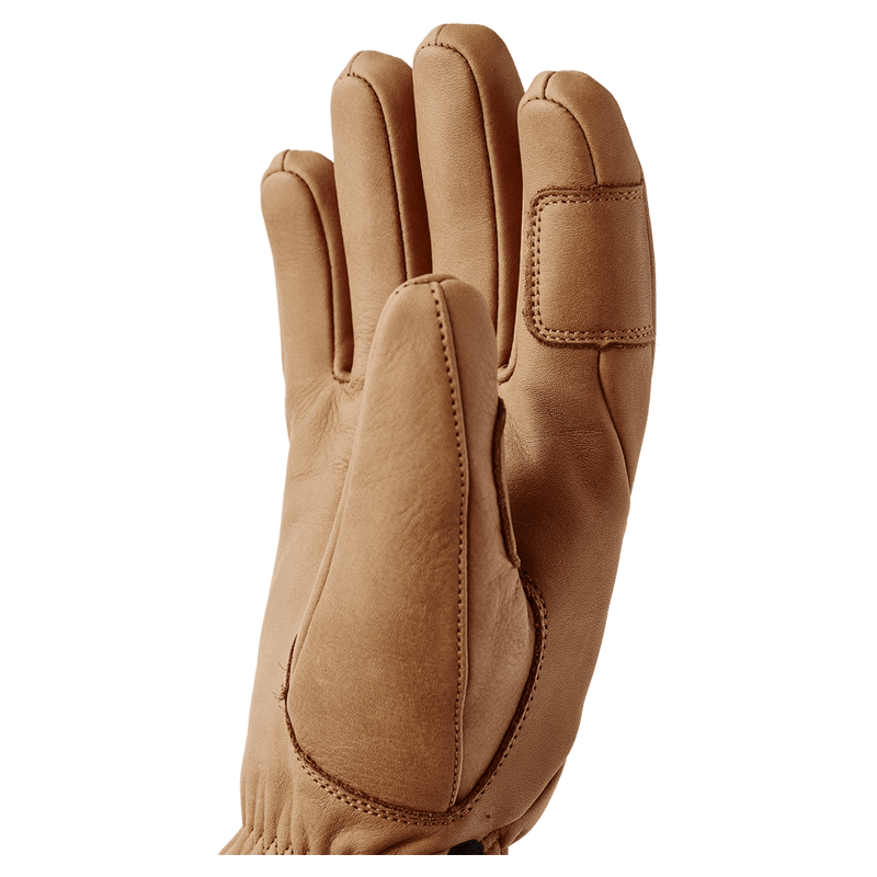 Hestra Leather Fall Line 5 Finger Womens Glove palm view showing reinforced leather patches and external seams in colour Cork.