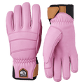 Hestra Leather Fall Line 5 Finger Womens Gloves showing palm and back views with black and tan wrist cuffs in colour Cerise