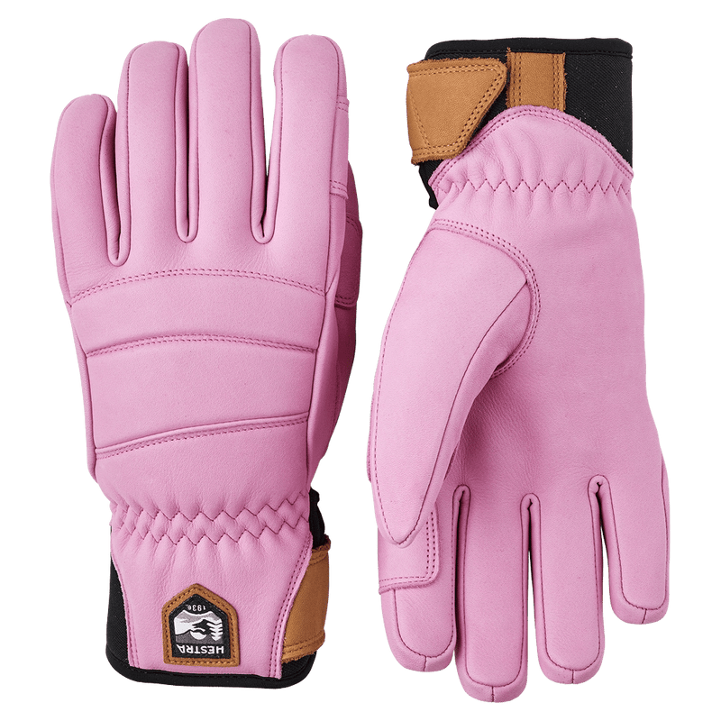 Hestra Leather Fall Line 5 Finger Womens Gloves showing palm and back views with black and tan wrist cuffs in colour Cerise