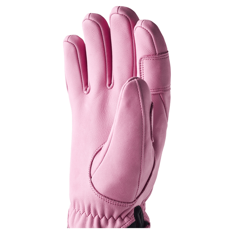Leather Hestra Fall Line 5 Finger Glove for women, palm view showing reinforced stitching and elasticated wrist in colour Cerise