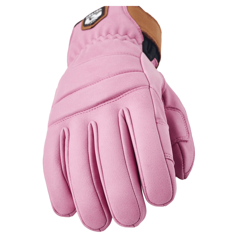 Leather Hestra Fall Line 5 Finger Glove for women with quilted back, brown cuff, and logo patch.