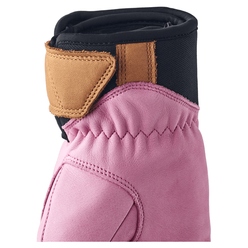 Pink Hestra Leather Fall Line womens glove cuff with tan velcro strap, elastic wrist, and black neoprene trim in colour Cerise