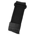 Black Hestra adjustable wrist strap with woven nylon webbing and embossed logo for Heli Ski Mitts.