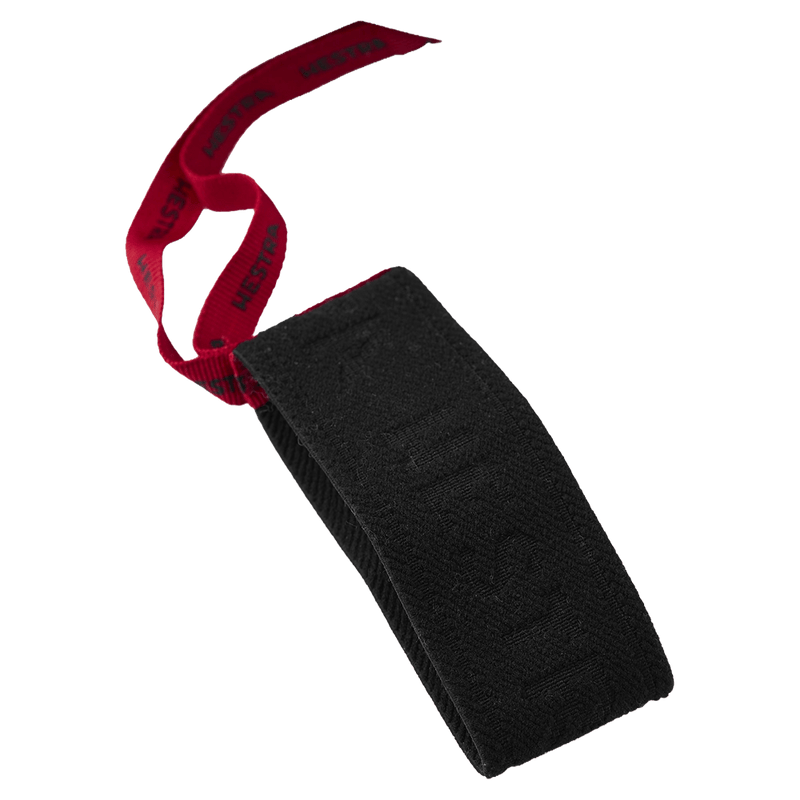 Hestra black elastic wrist strap with embossed logo and red branded leash.