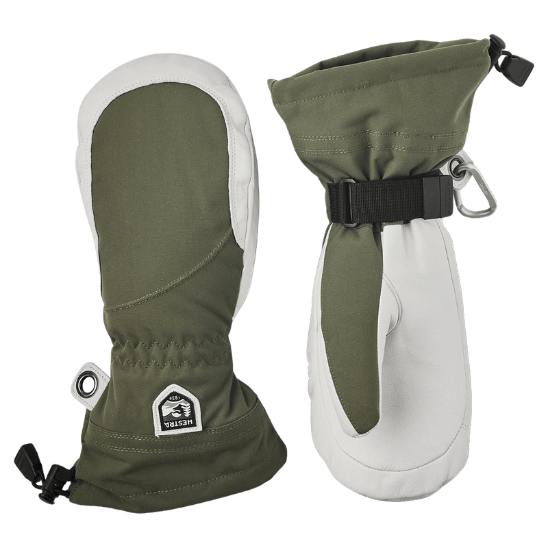 View of Hestra Heli Ski Mitt - Womens in colour Olive & Off White.