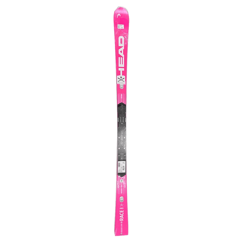 Vertical view of a pink Head WC Rebels e-Race Pro RP ski with white lettering and a black binding plate.