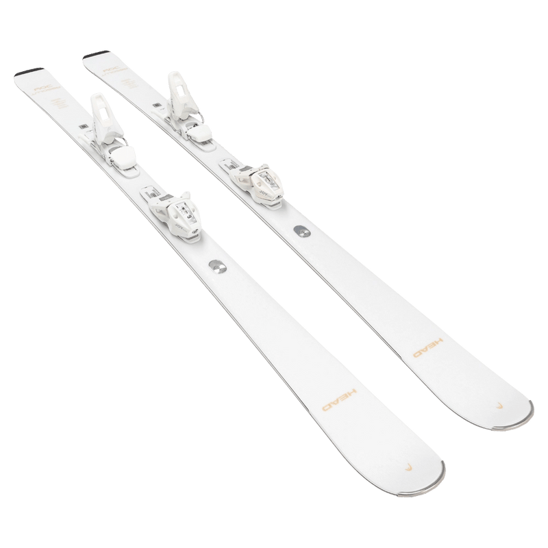 White Head e-Absolute Joy skis with white bindings, angled view on a black background.