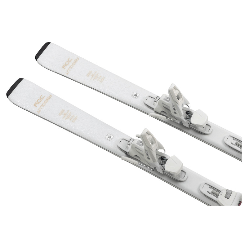 White Head e-Absolute Joy skis with white bindings and black tips, shown at a diagonal angle on a black background.