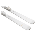 White Head e-Absolute Joy skis with matching white bindings, top-down diagonal view showing tips on a black background.