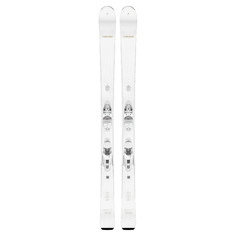Head e-Absolute Joy SLR BB Joy Pro skis in white with matching bindings, top-down view on black background.