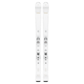Head e-Absolute Joy SLR BB Joy Pro skis in white with matching bindings, top-down view on black background.