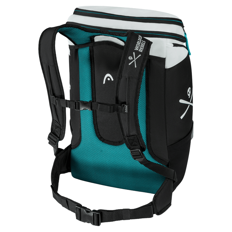 Back view of Head Rebels Racing Backpack in colour Black/White/Speed Blue.