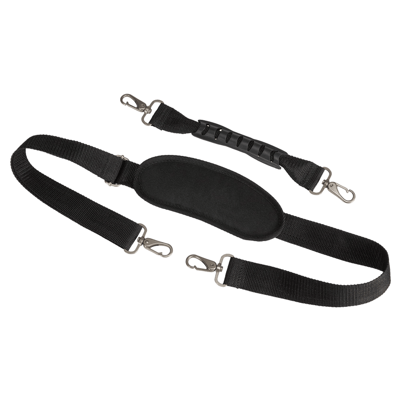 Black padded shoulder strap and molded carry handle with metal swivel snap hooks for a Head boot bag.