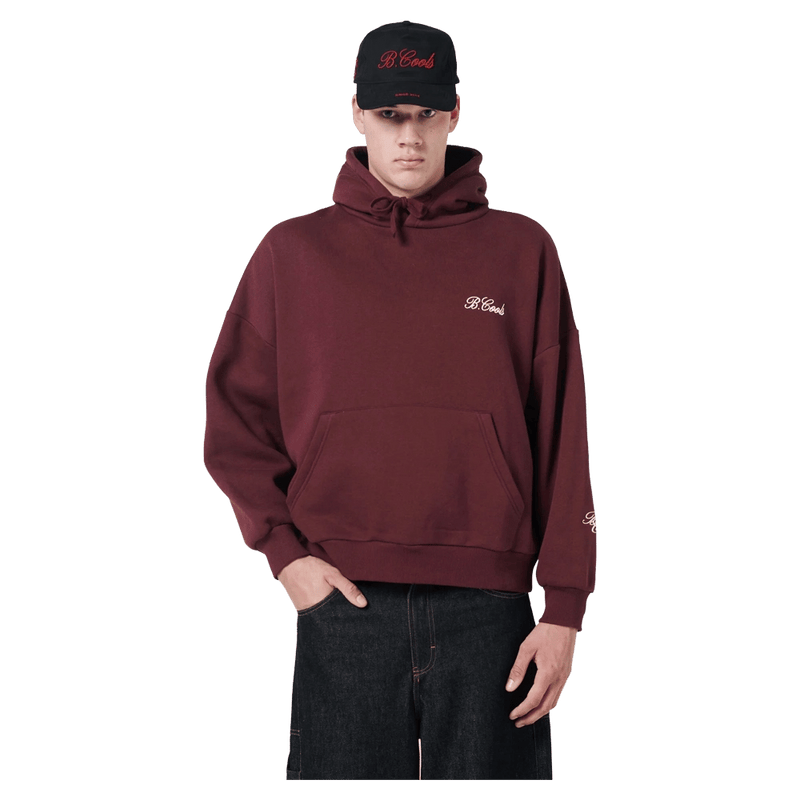View of Barney Cools Scribe Hood in colour Oxblood.
