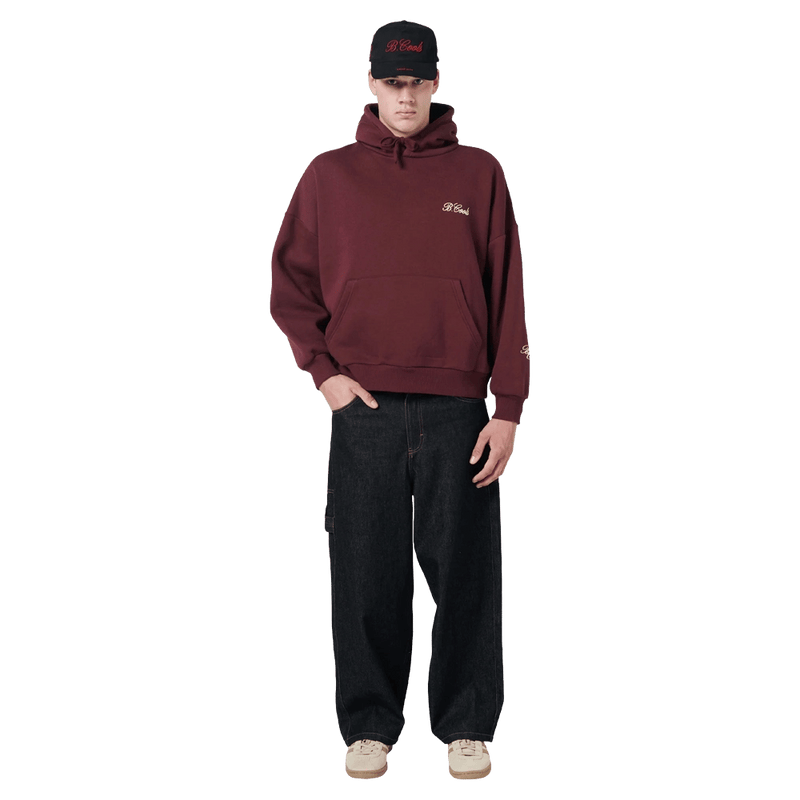View of Barney Cools Scribe Hood in colour Oxblood.