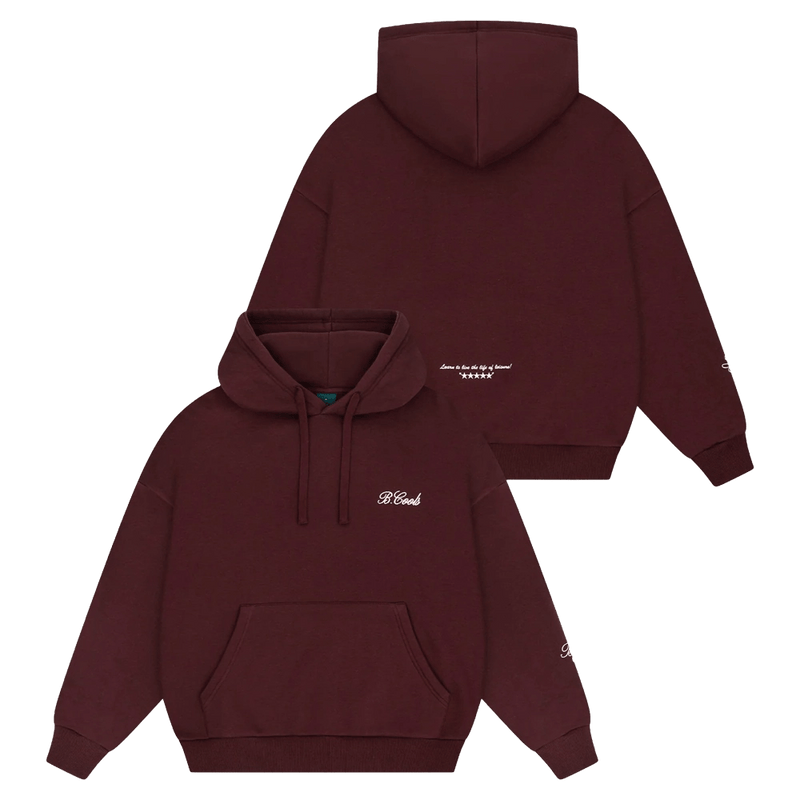 View of Barney Cools Scribe Hood in colour Oxblood.